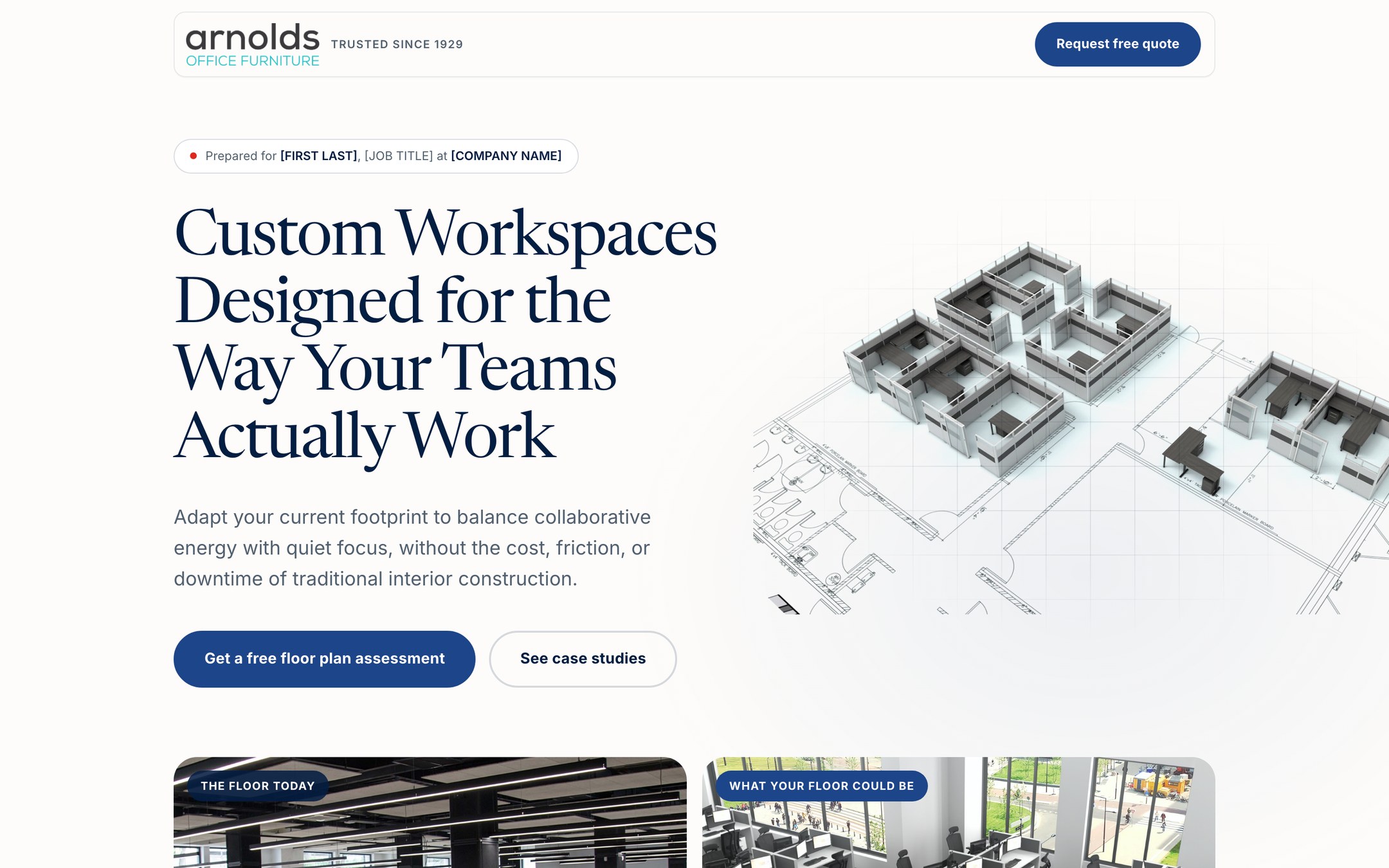 Option A: an isometric floor-plan render on a blueprint grid, filling the space beside the headline.